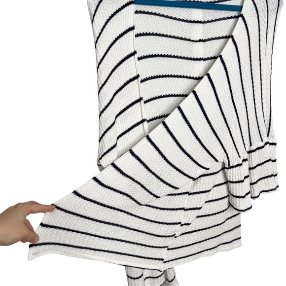 Altar’d State White & Navy Blue Striped Ruffle Sleeve Button Back Cardigan - Picture 3 of 9